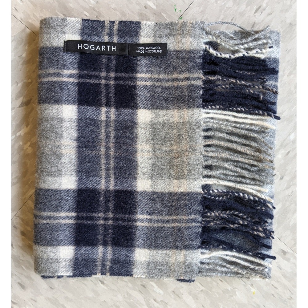 Hogarth Scotland 100% Lambswool Plaid Scarf Navy Grey Tartan Fringed Unisex